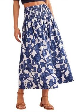 Boden Blue Floral Maxi Linen Skirt with Shirred Waist, Size 8, NWT